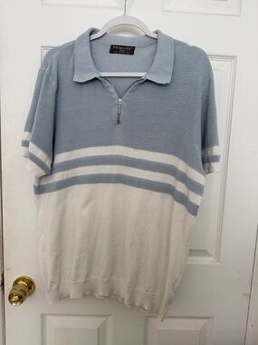 Primark Men's Short Sleeve Zip Polo in Light Blue and Cream Size L
